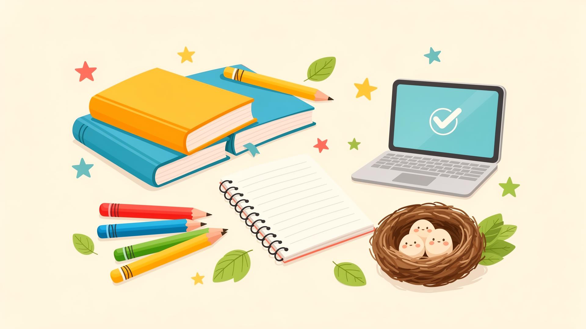 A cozy homeschool scene — books, laptop, school supplies, and a nest illustration