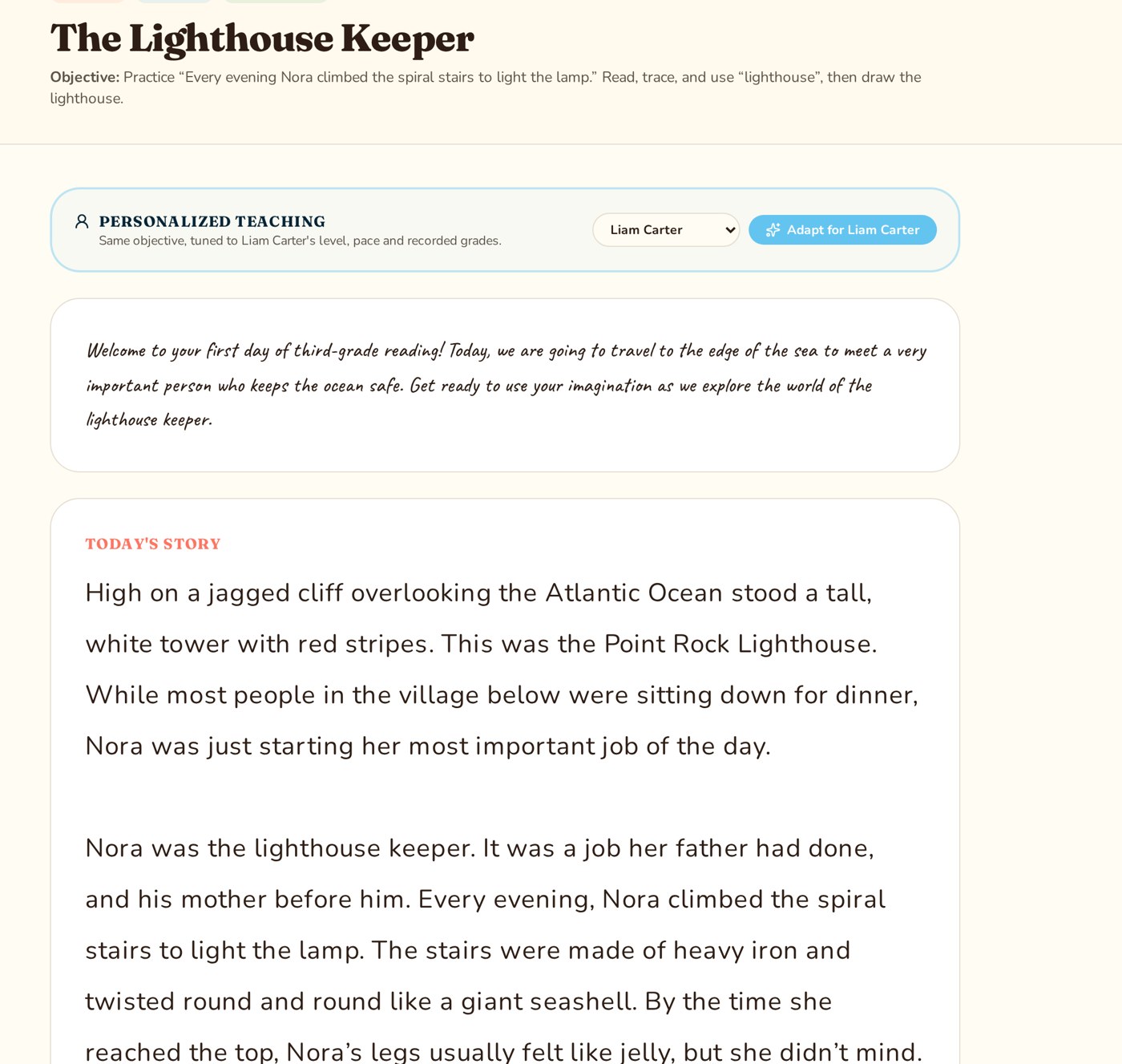 A real Learning Nest lesson on screen: Grade 3 reading, Day 1, The Lighthouse Keeper, with the day's story